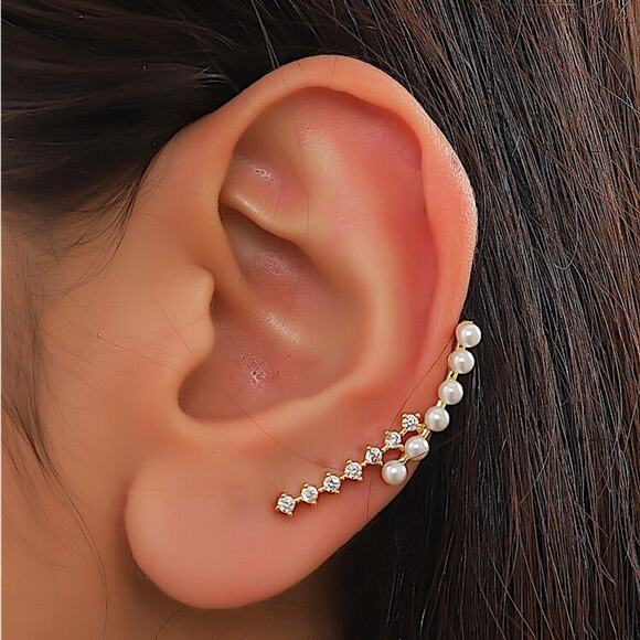 Pearl Gold Zircon Ear Climber - Picture 1 of 5